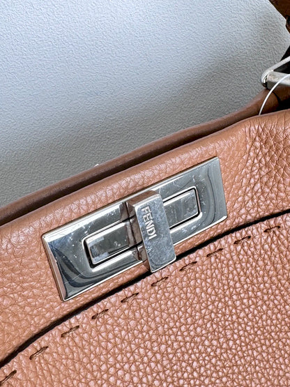 (A47) Fendi Brown Peekaboo Selleria Medium Calfskin Silver Hardware