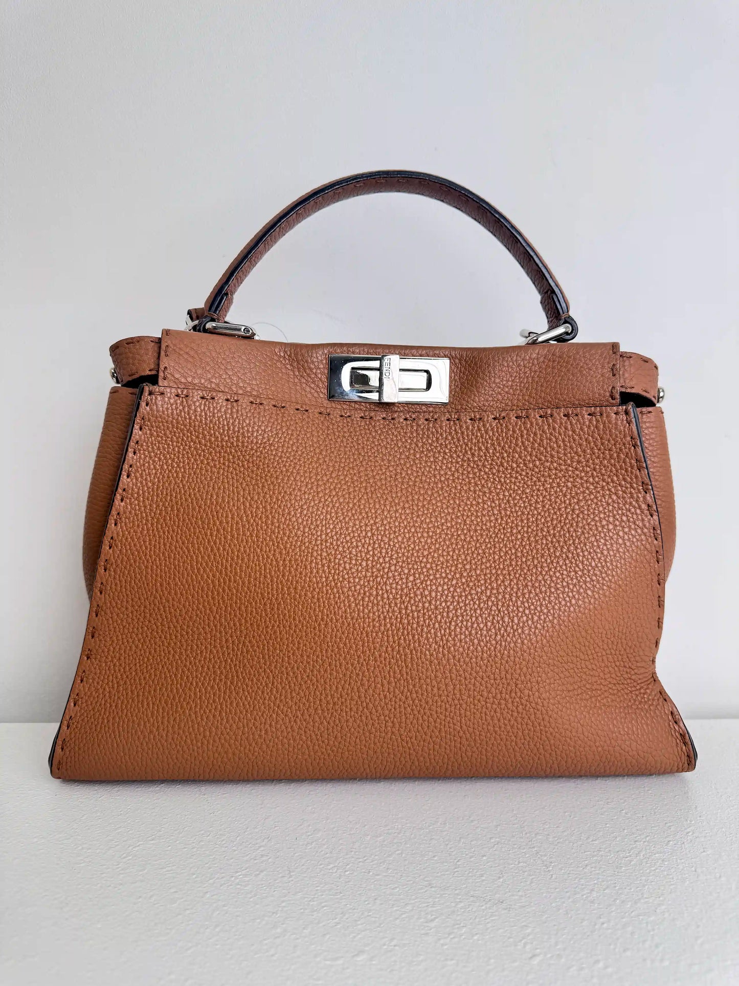 (A47) Fendi Brown Peekaboo Selleria Medium Calfskin Silver Hardware