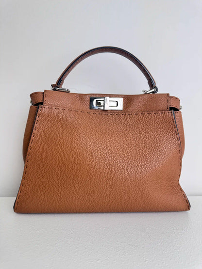 (A47) Fendi Brown Peekaboo Selleria Medium Calfskin Silver Hardware