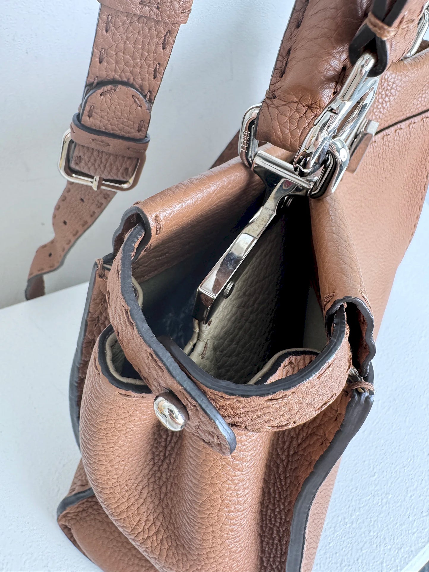 (A47) Fendi Brown Peekaboo Selleria Medium Calfskin Silver Hardware
