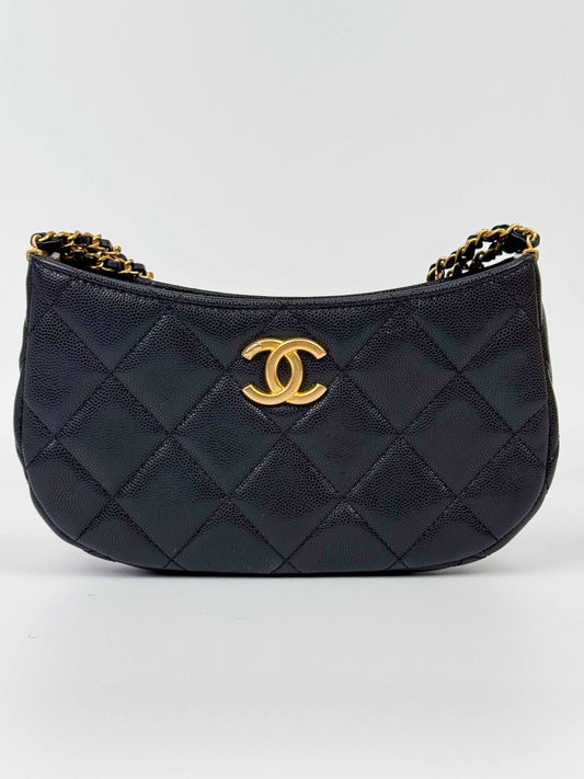 (A56) Chanel Black Caviar Hobo Gold Hardware