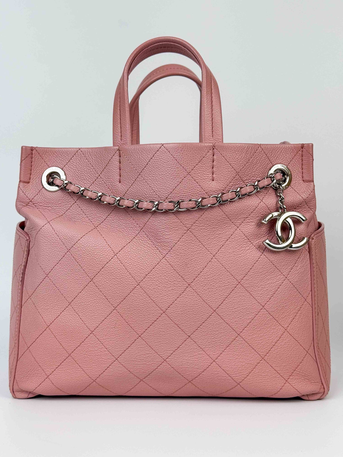 (A70) Chanel Pink Caviar Pocket Tote Bag with Silver Hardware