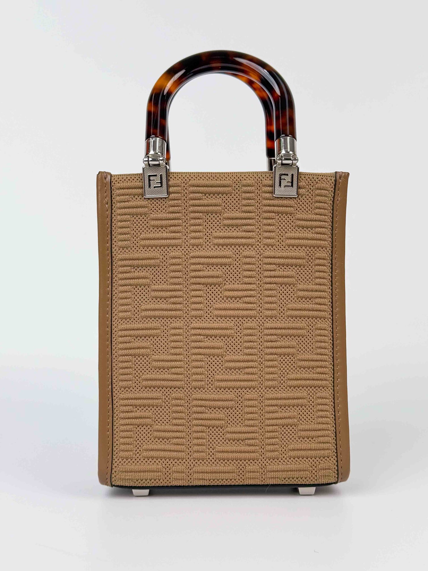 (A63) Fendi Beige Fabric FF Logo Mini Sunshine Shopper Shoulder Bag Silver Hardware