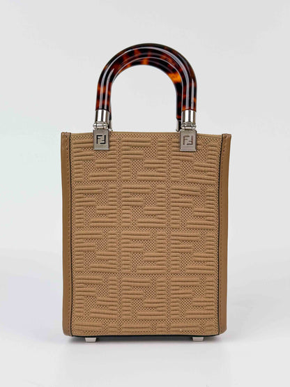(A63) Fendi Beige Fabric FF Logo Mini Sunshine Shopper Shoulder Bag Silver Hardware