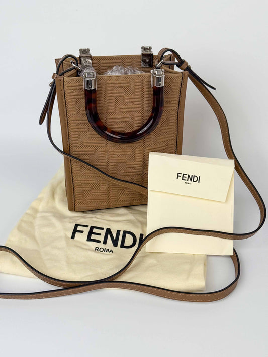 (A63) Fendi Beige Fabric FF Logo Mini Sunshine Shopper Shoulder Bag Silver Hardware