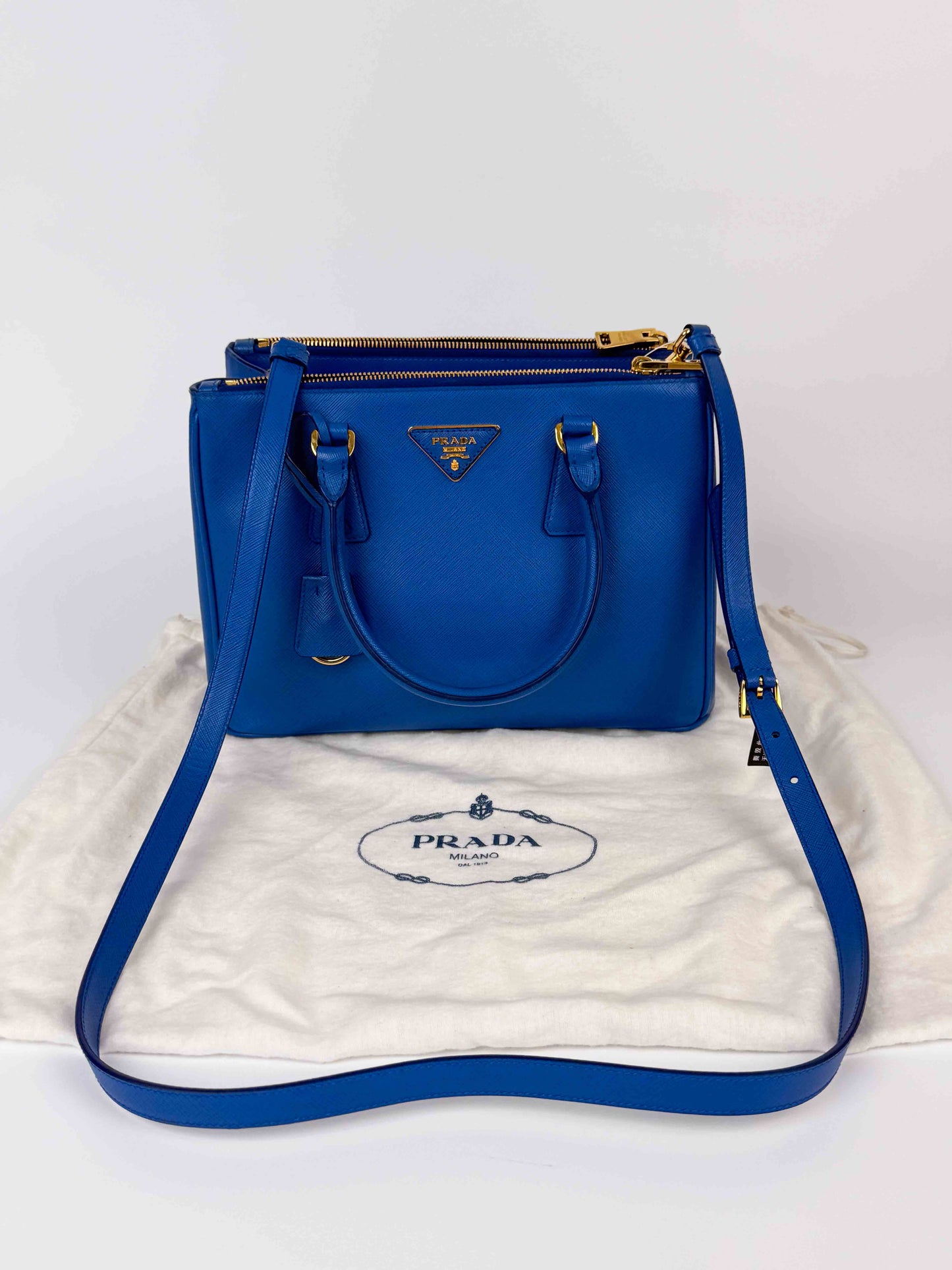 (A92) Prada Blue Galleria Saffiano Leather Bag Gold Hardware