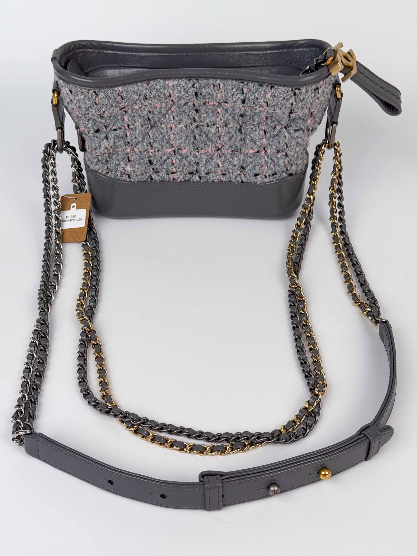 (A91) Chanel Grey Calf Leather/Tweed Small Gabrielle Hobo Bag Multi-Tone Hardware