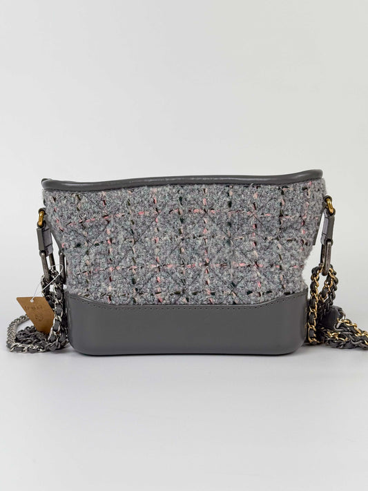 (A91) Chanel Grey Calf Leather/Tweed Small Gabrielle Hobo Bag Multi-Tone Hardware
