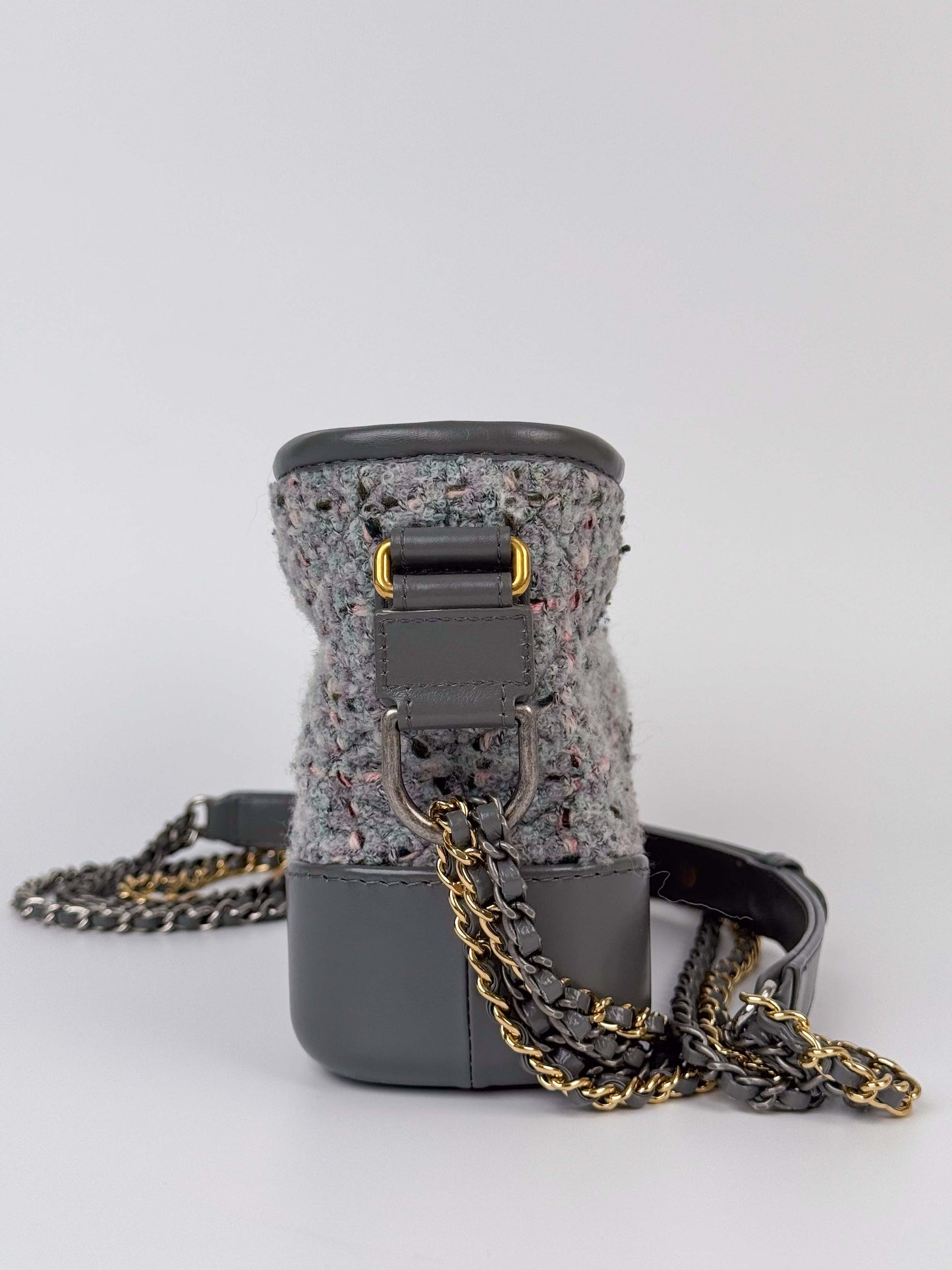 (A91) Chanel Grey Calf Leather/Tweed Small Gabrielle Hobo Bag Multi-Tone Hardware