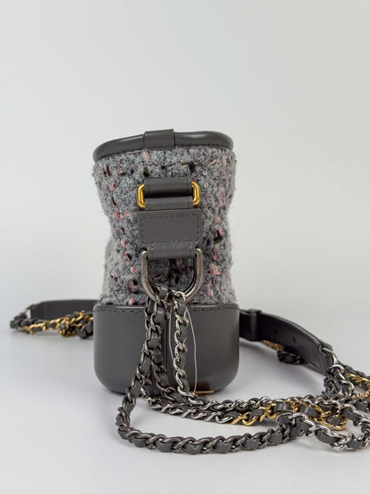 (A91) Chanel Grey Calf Leather/Tweed Small Gabrielle Hobo Bag Multi-Tone Hardware