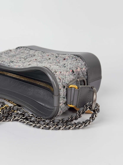 (A91) Chanel Grey Calf Leather/Tweed Small Gabrielle Hobo Bag Multi-Tone Hardware