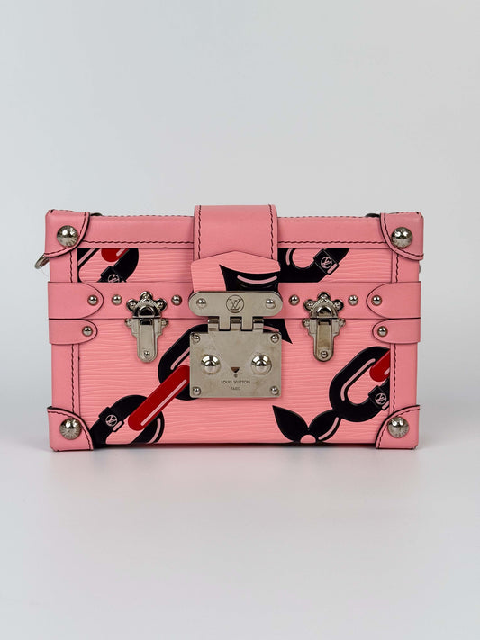 (A88) Louis Vuitton Epi Chain Flower Petite Malle Pink Crossbody Bag Silver Hardware