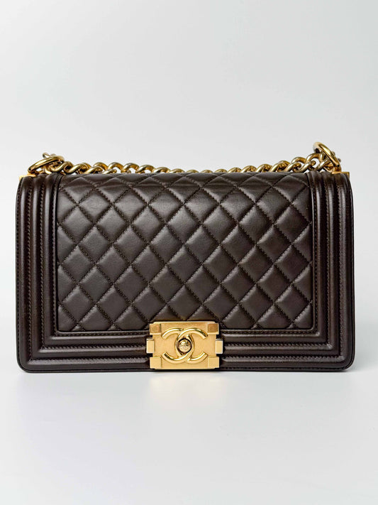(A81) Chanel Brown Calf Leather Medium Le Boy Bag Gold Hardware