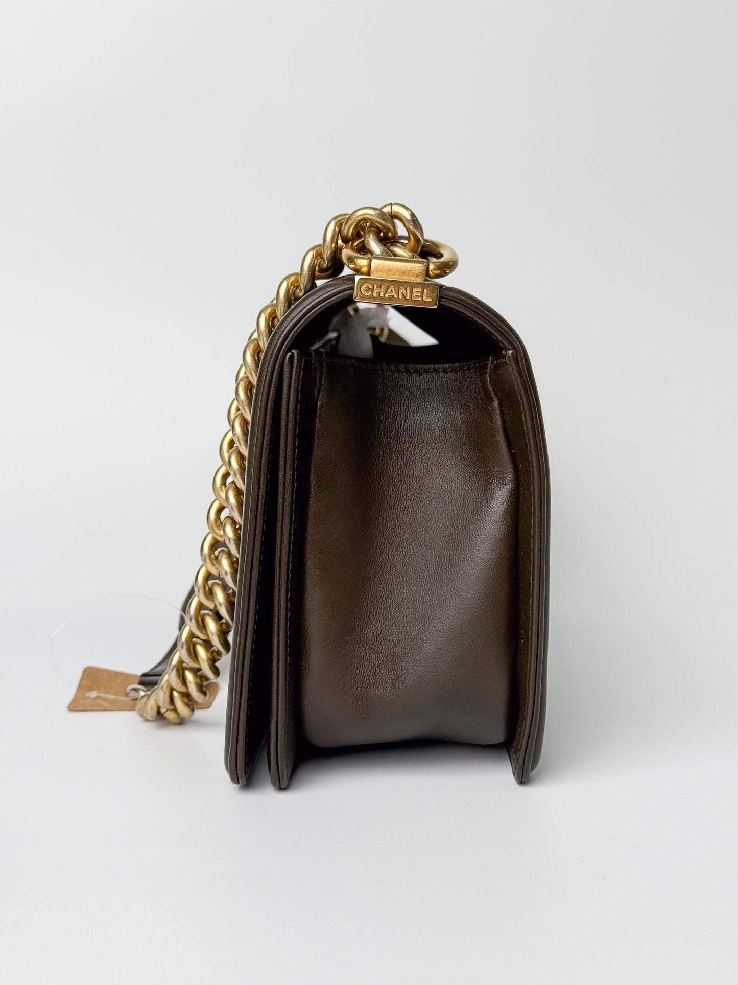 (A81) Chanel Brown Calf Leather Medium Le Boy Bag Gold Hardware