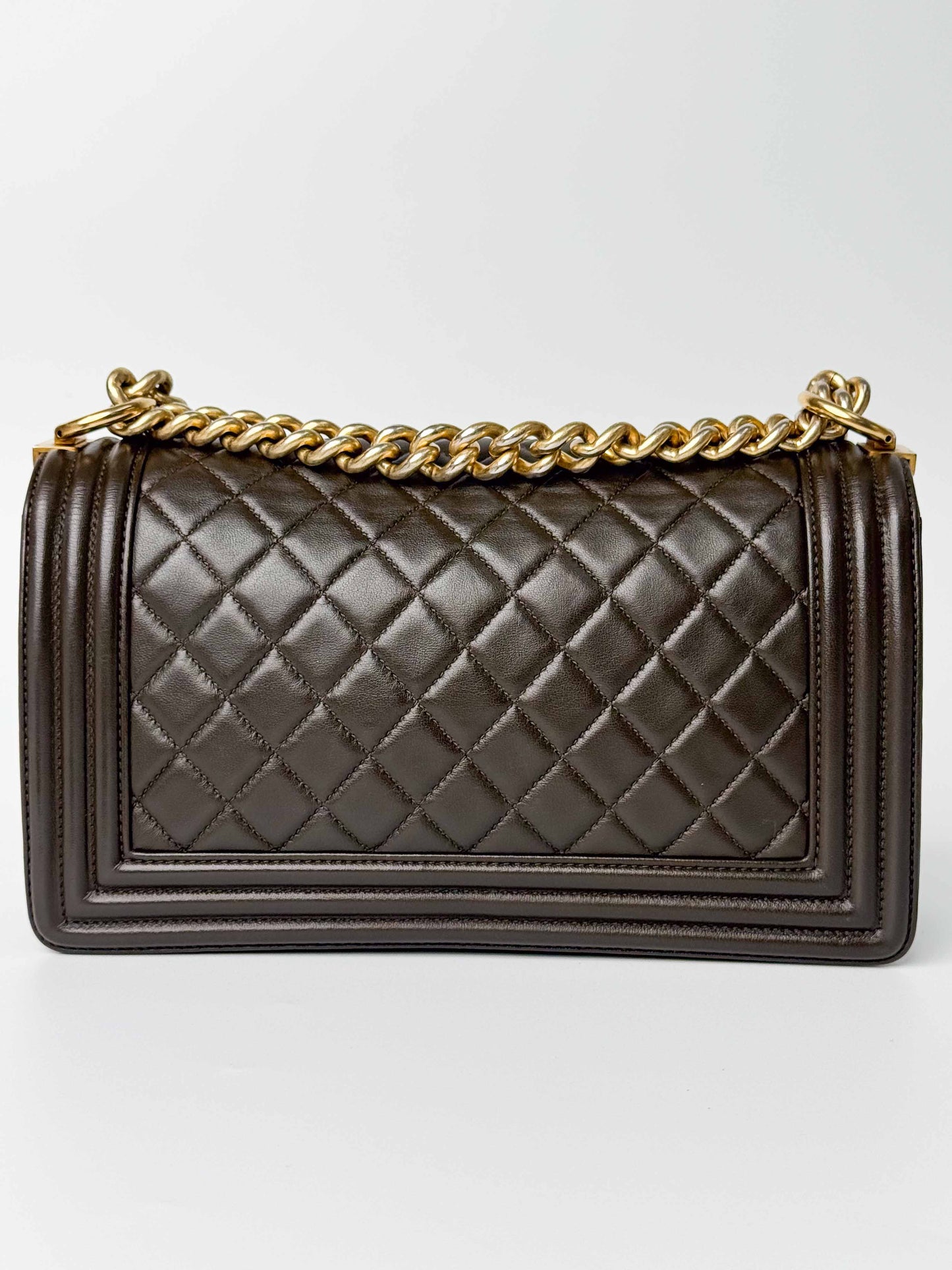 (A81) Chanel Brown Calf Leather Medium Le Boy Bag Gold Hardware