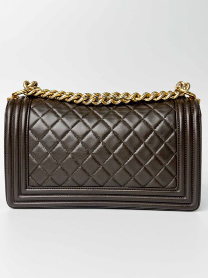 (A81) Chanel Brown Calf Leather Medium Le Boy Bag Gold Hardware