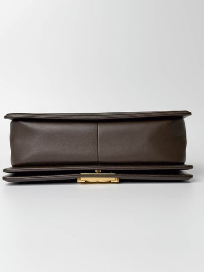 (A81) Chanel Brown Calf Leather Medium Le Boy Bag Gold Hardware