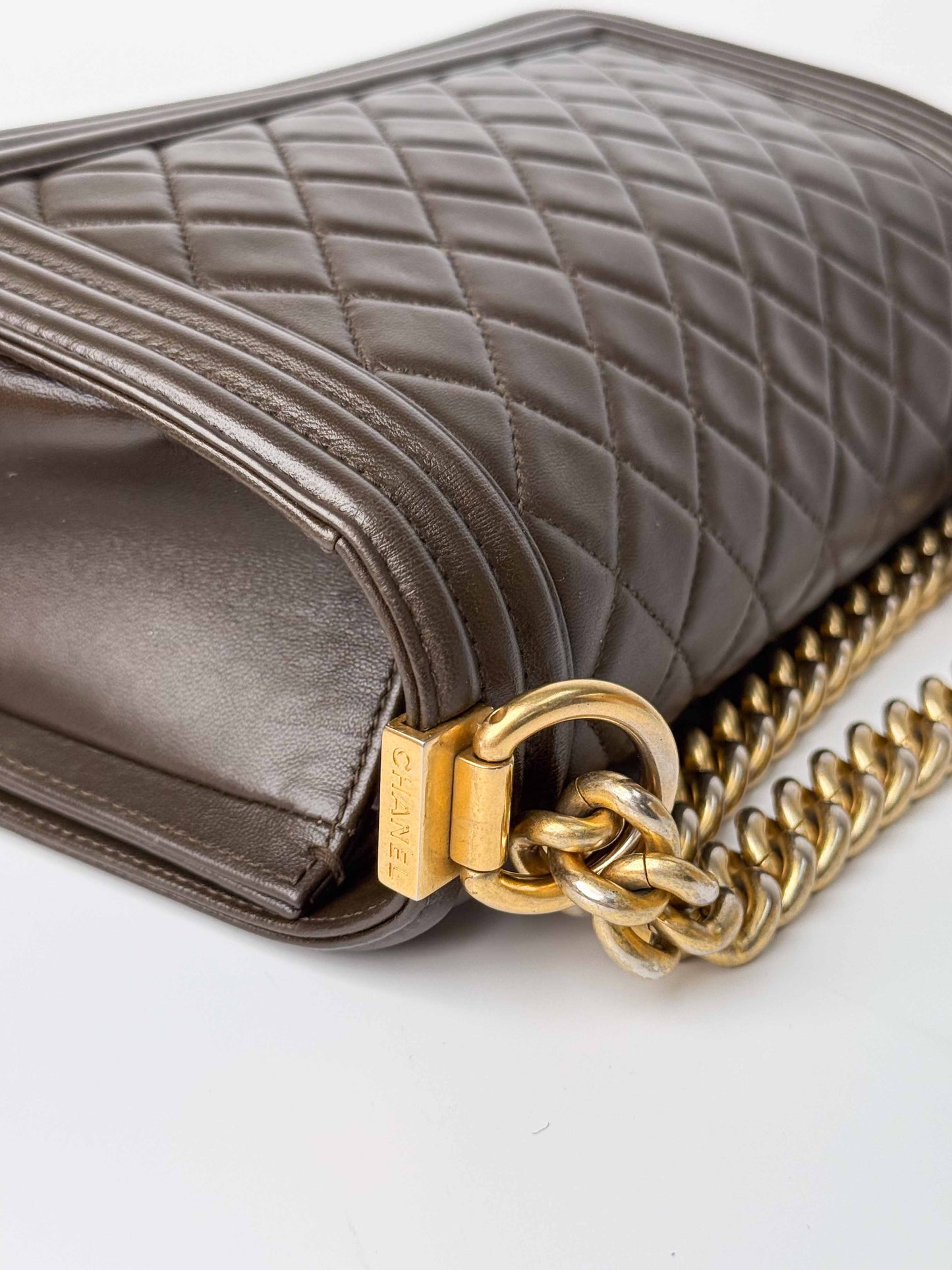 (A81) Chanel Brown Calf Leather Medium Le Boy Bag Gold Hardware