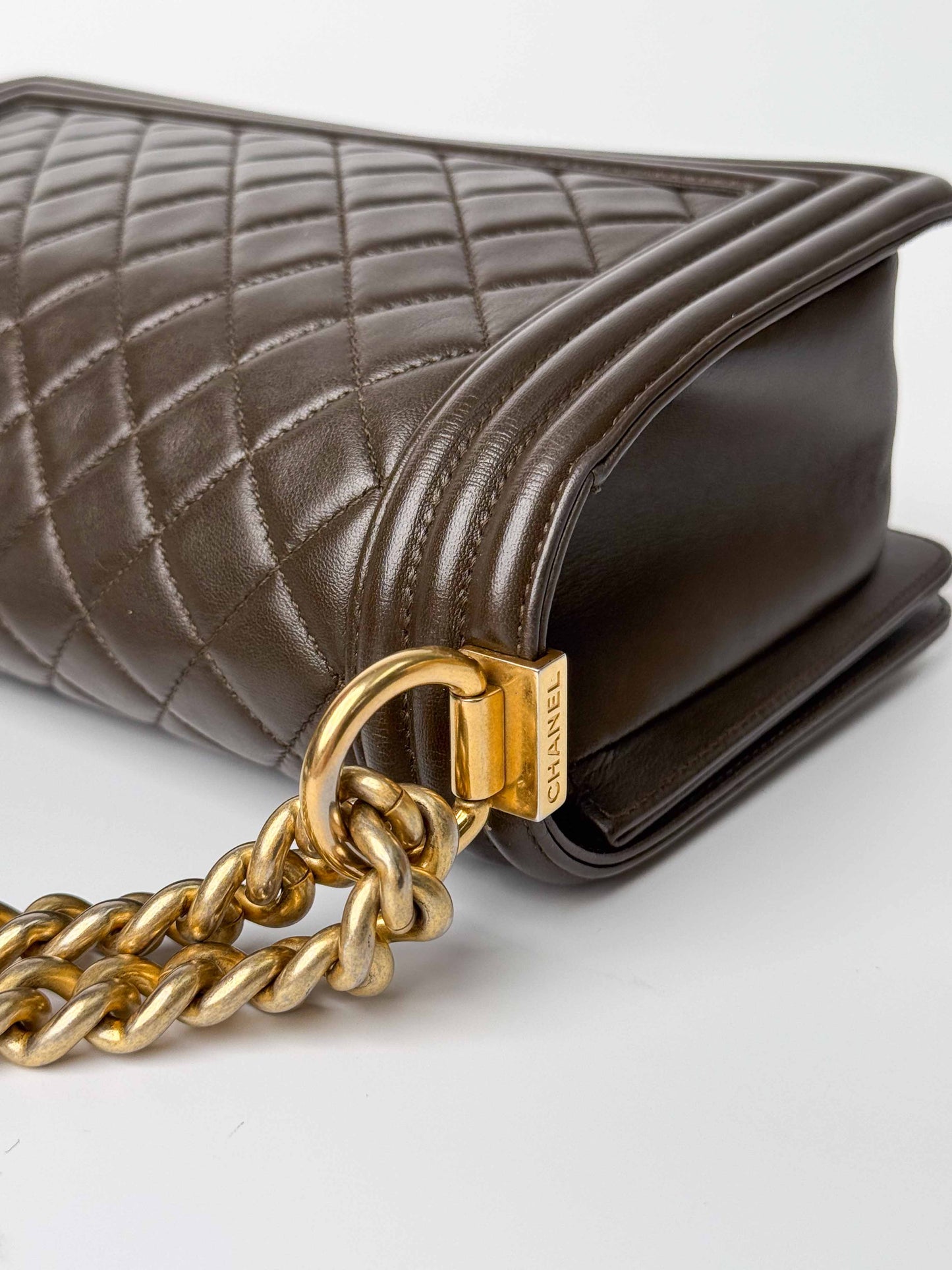(A81) Chanel Brown Calf Leather Medium Le Boy Bag Gold Hardware