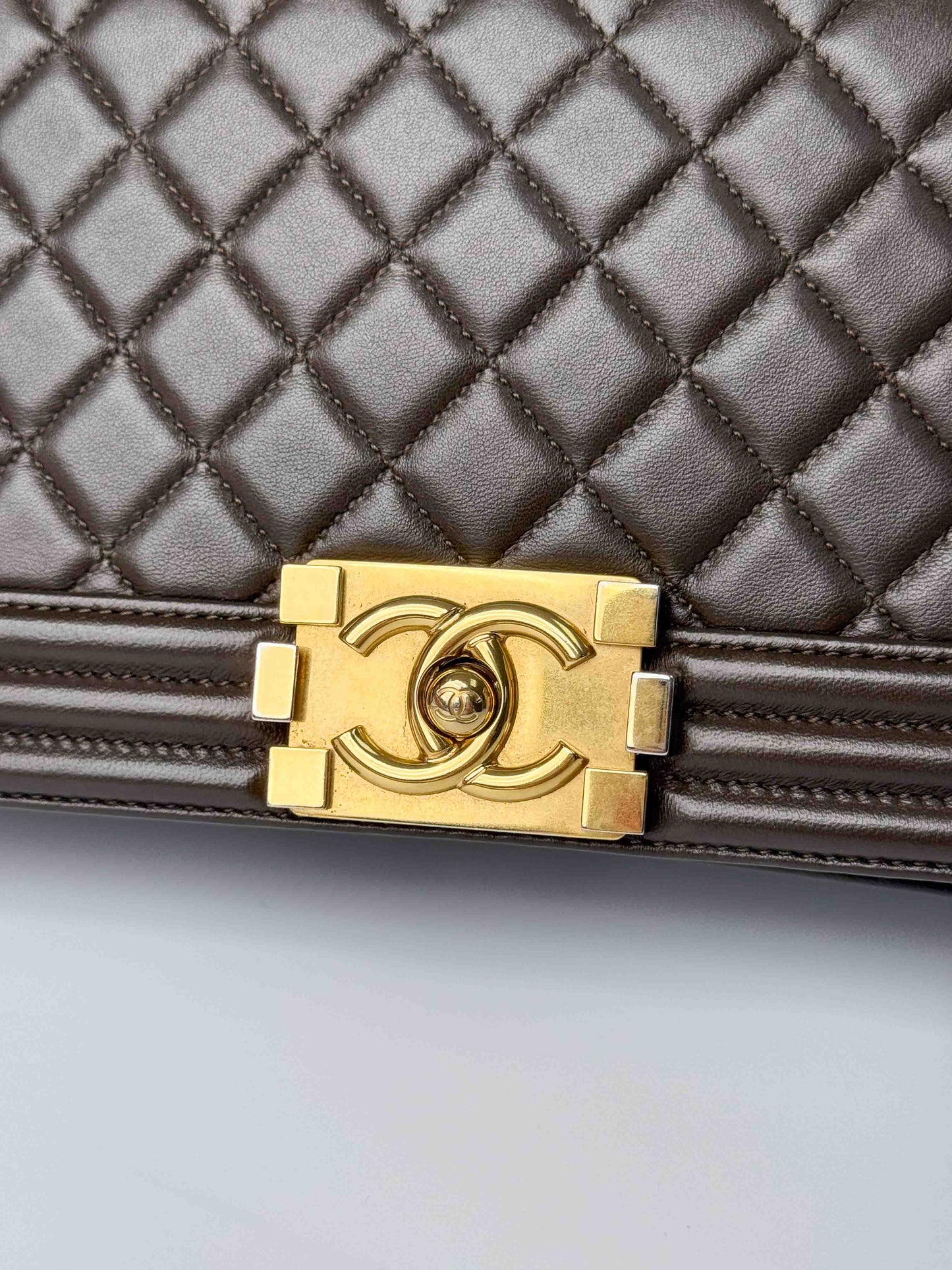 (A81) Chanel Brown Calf Leather Medium Le Boy Bag Gold Hardware