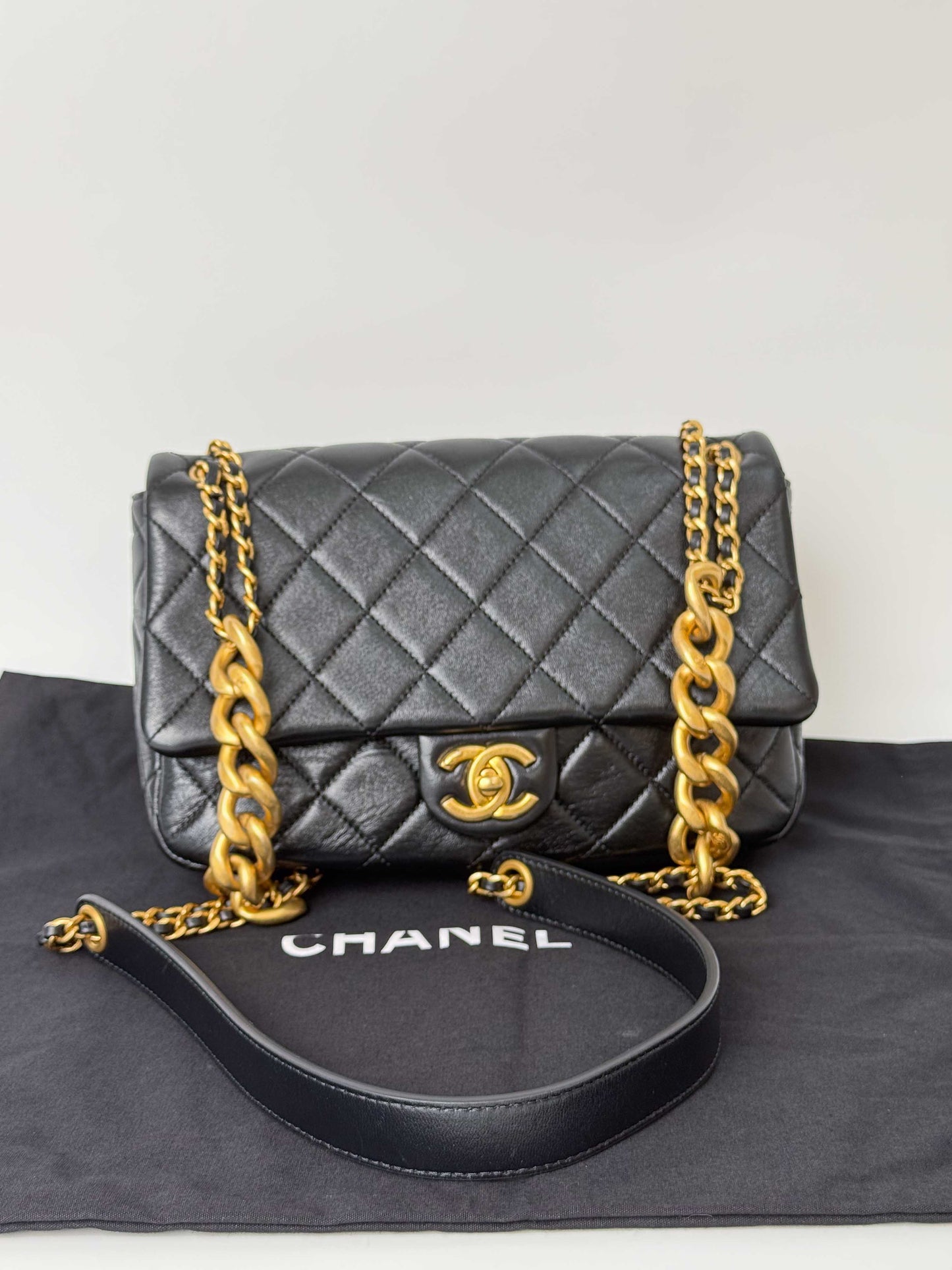 (A117) Chanel Black Calfskin Medium Single Flap, Gold Hardware