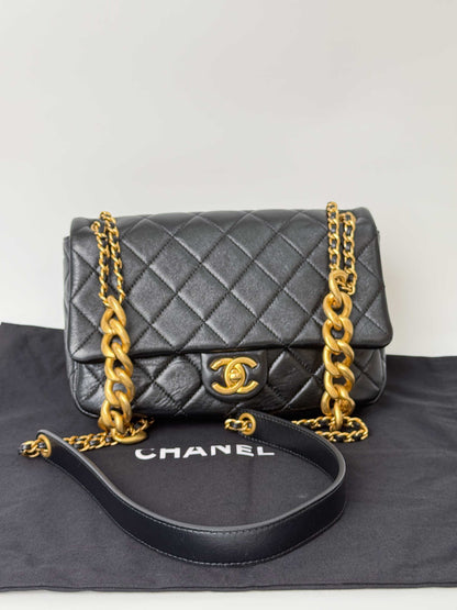 (A117) Chanel Black Calfskin Medium Single Flap, Gold Hardware