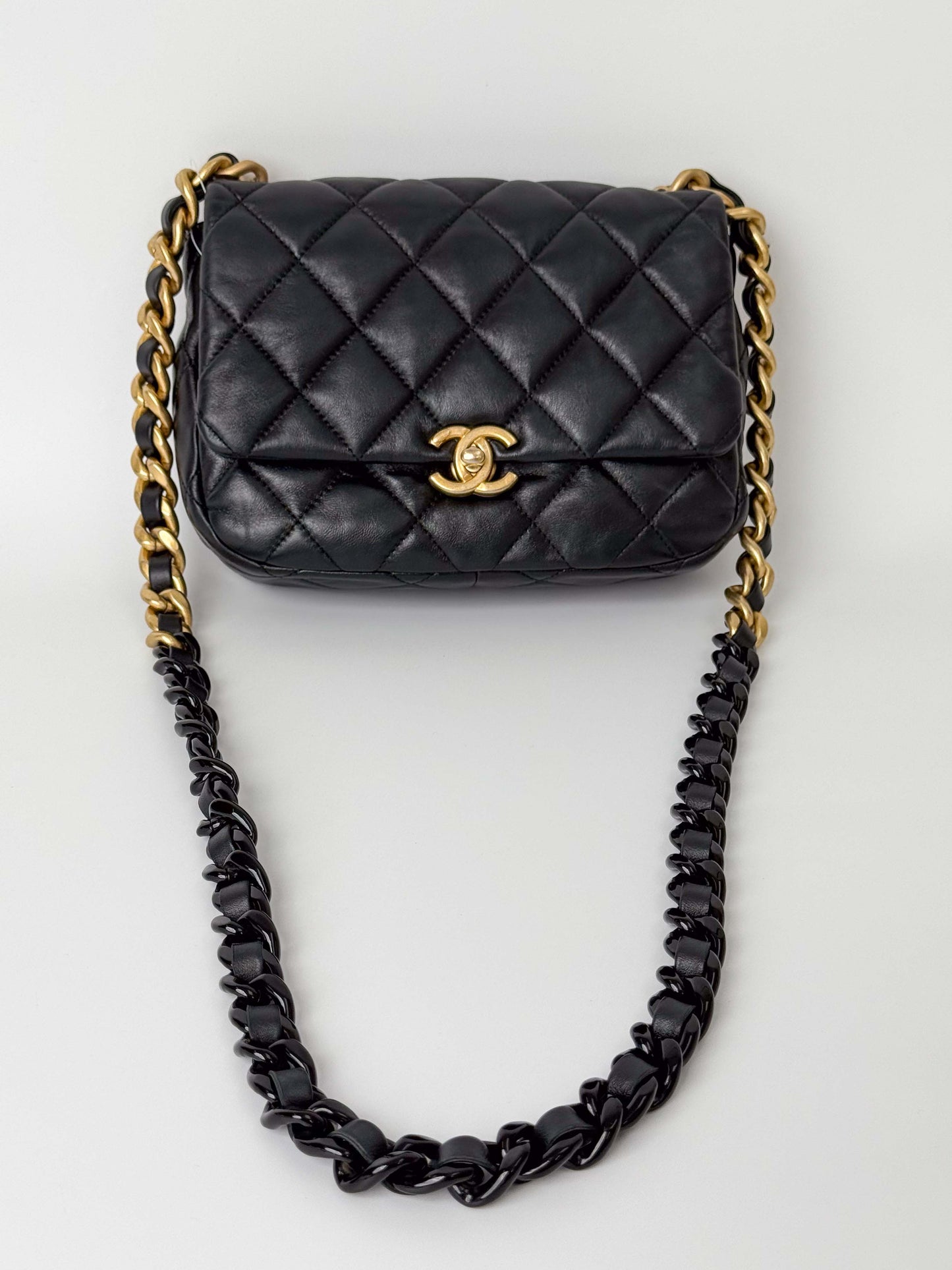 (A112) Chanel Black Lambskin Flap Crossbody Bag, Silver/Black Hardware