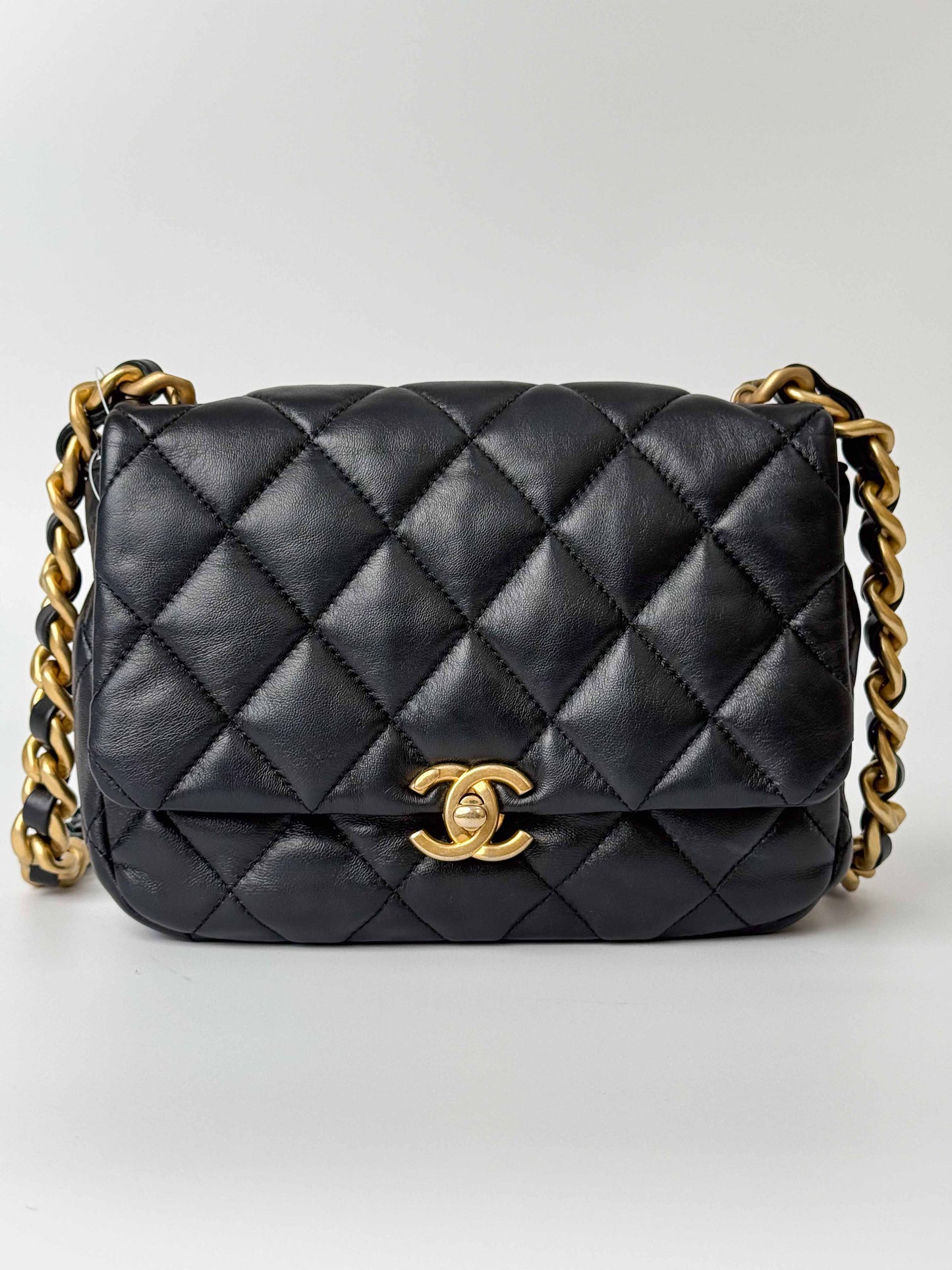 (A112) Chanel Black Lambskin Flap Crossbody Bag, Silver/Black Hardware