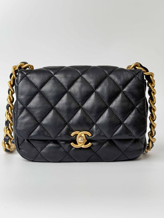 (A112) Chanel Black Lambskin Flap Crossbody Bag, Silver/Black Hardware