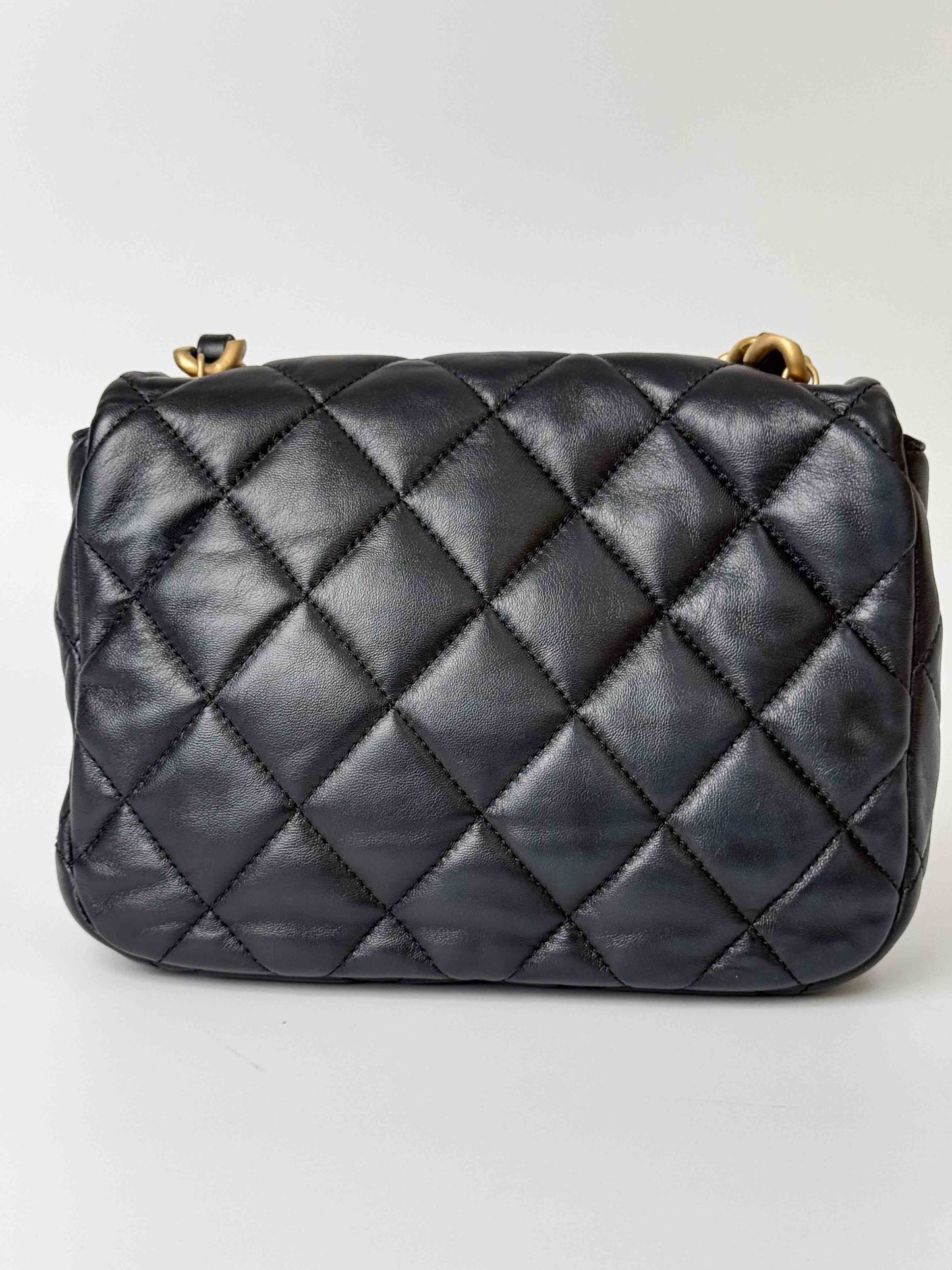 (A112) Chanel Black Lambskin Flap Crossbody Bag, Silver/Black Hardware