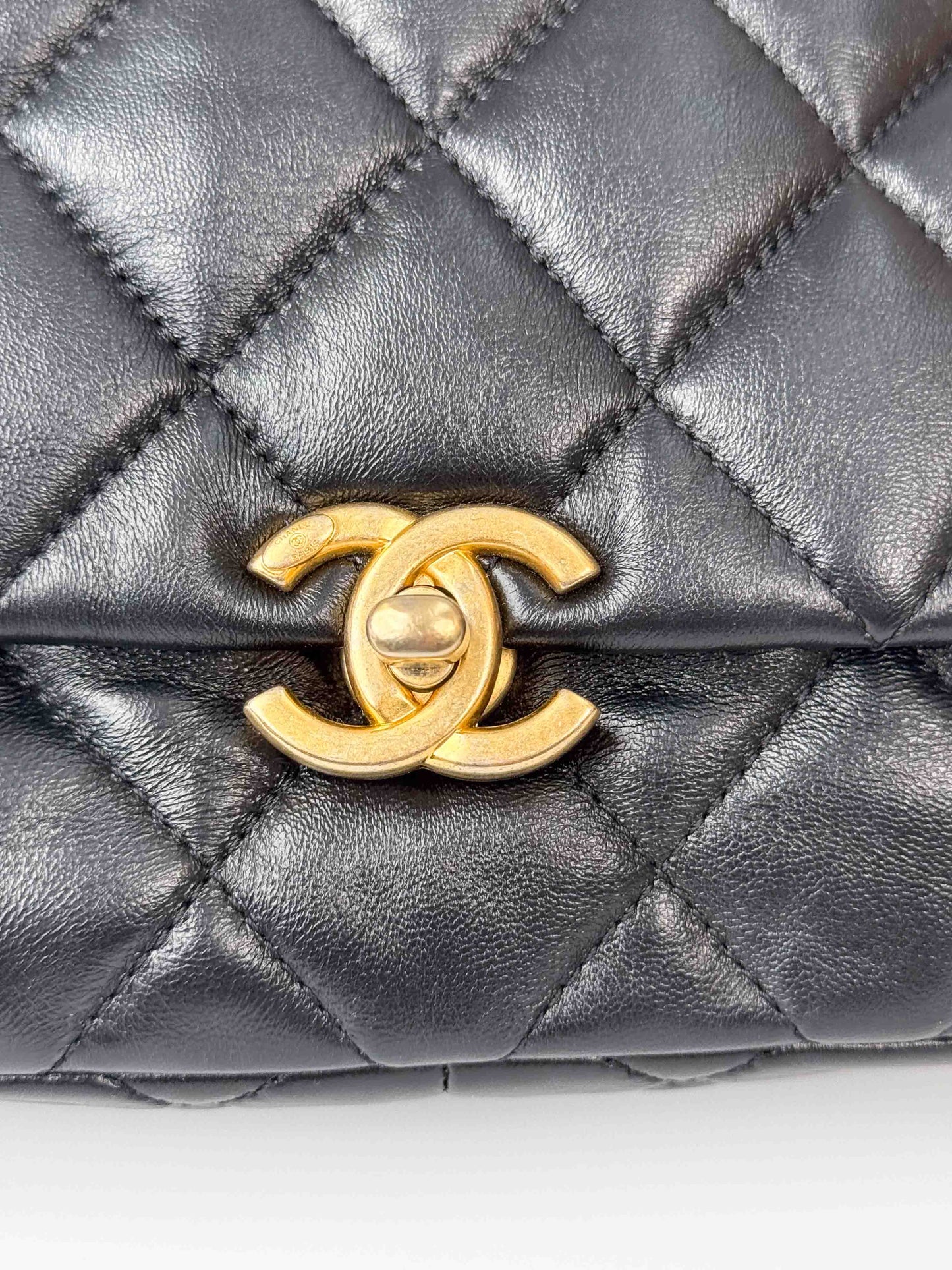 (A112) Chanel Black Lambskin Flap Crossbody Bag, Silver/Black Hardware