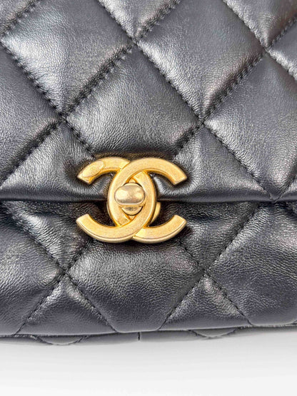 (A112) Chanel Black Lambskin Flap Crossbody Bag, Silver/Black Hardware