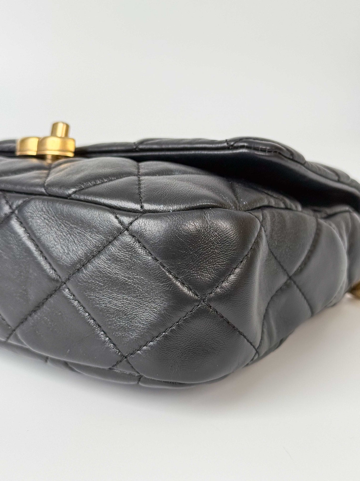 (A112) Chanel Black Lambskin Flap Crossbody Bag, Silver/Black Hardware