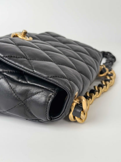 (A112) Chanel Black Lambskin Flap Crossbody Bag, Silver/Black Hardware