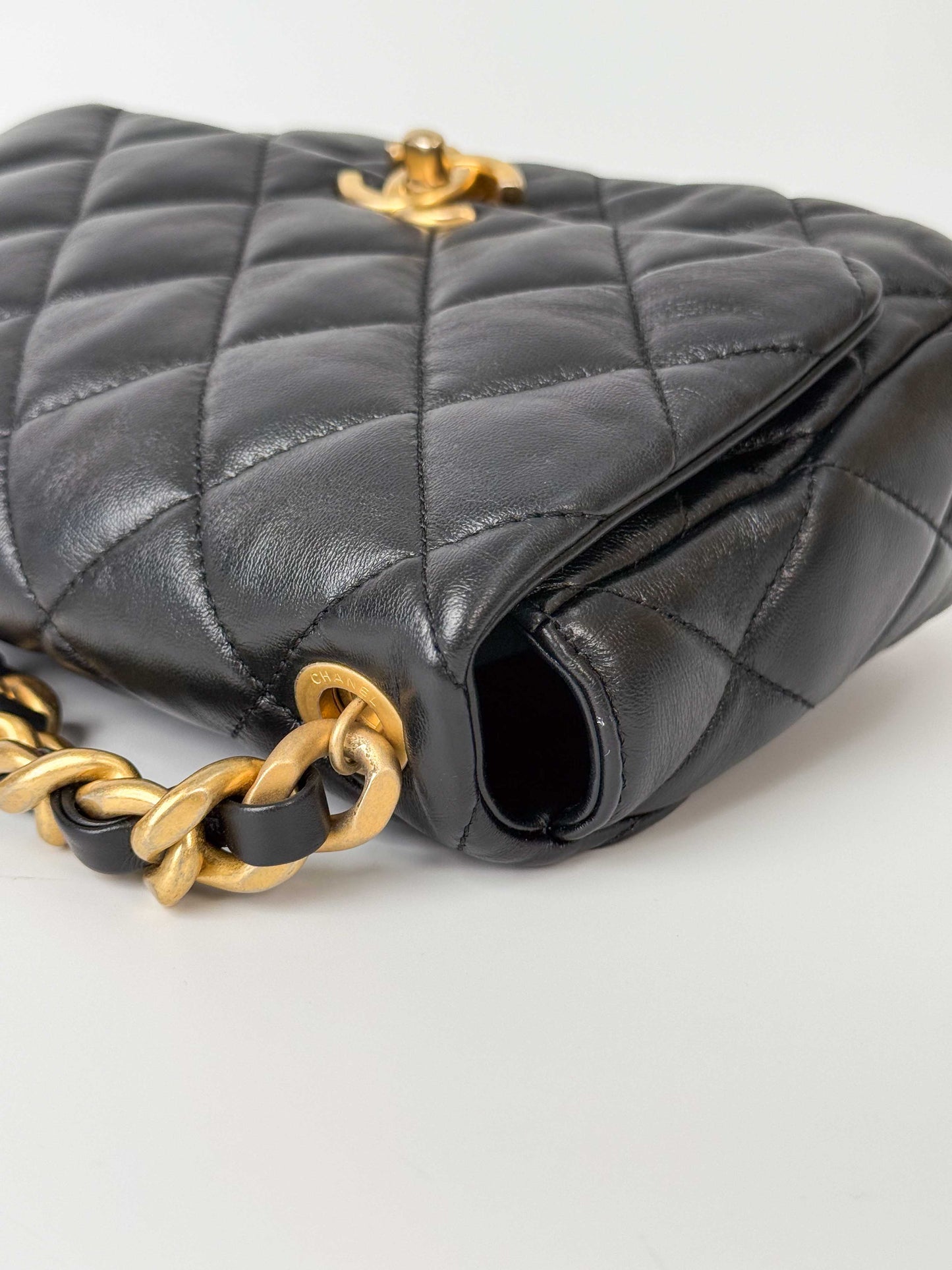 (A112) Chanel Black Lambskin Flap Crossbody Bag, Silver/Black Hardware