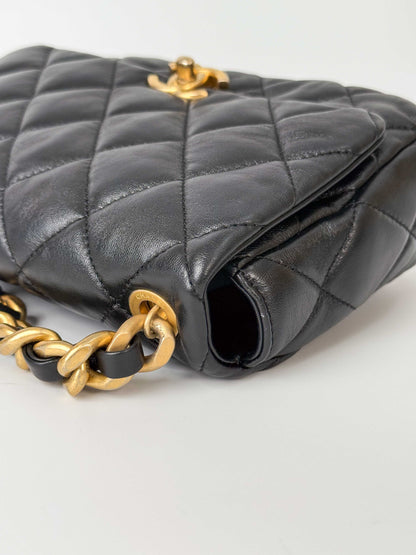 (A112) Chanel Black Lambskin Flap Crossbody Bag, Silver/Black Hardware