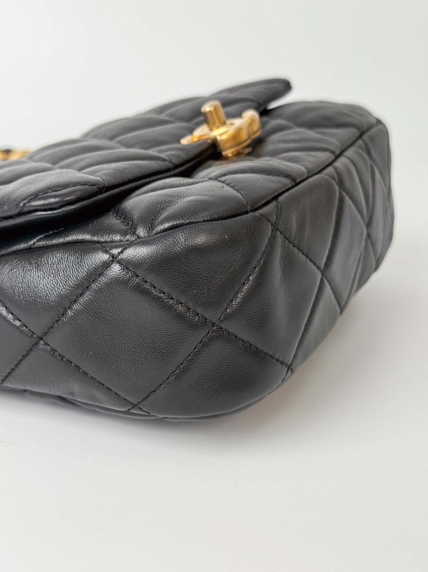(A112) Chanel Black Lambskin Flap Crossbody Bag, Silver/Black Hardware