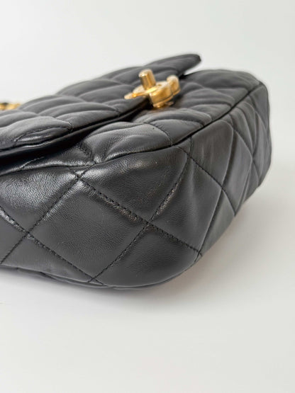 (A112) Chanel Black Lambskin Flap Crossbody Bag, Silver/Black Hardware