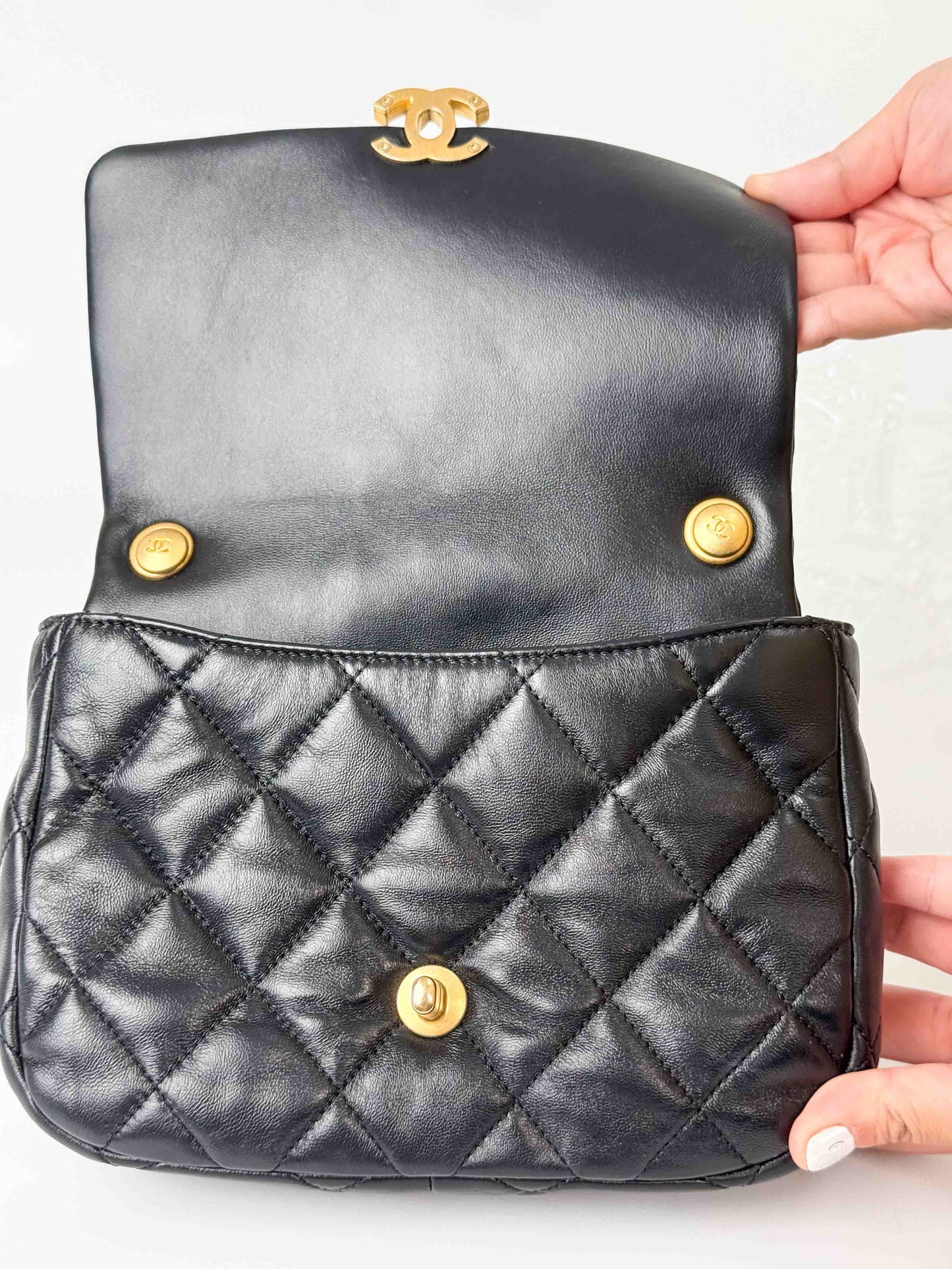 (A112) Chanel Black Lambskin Flap Crossbody Bag, Silver/Black Hardware