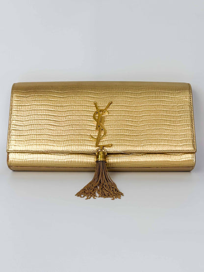 (A119) YSL Gold Embossed Leather Kate Tassel Clutch, Gold Hardware