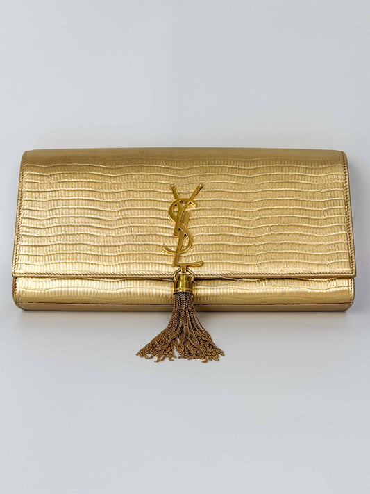 (A119) YSL Gold Embossed Leather Kate Tassel Clutch, Gold Hardware