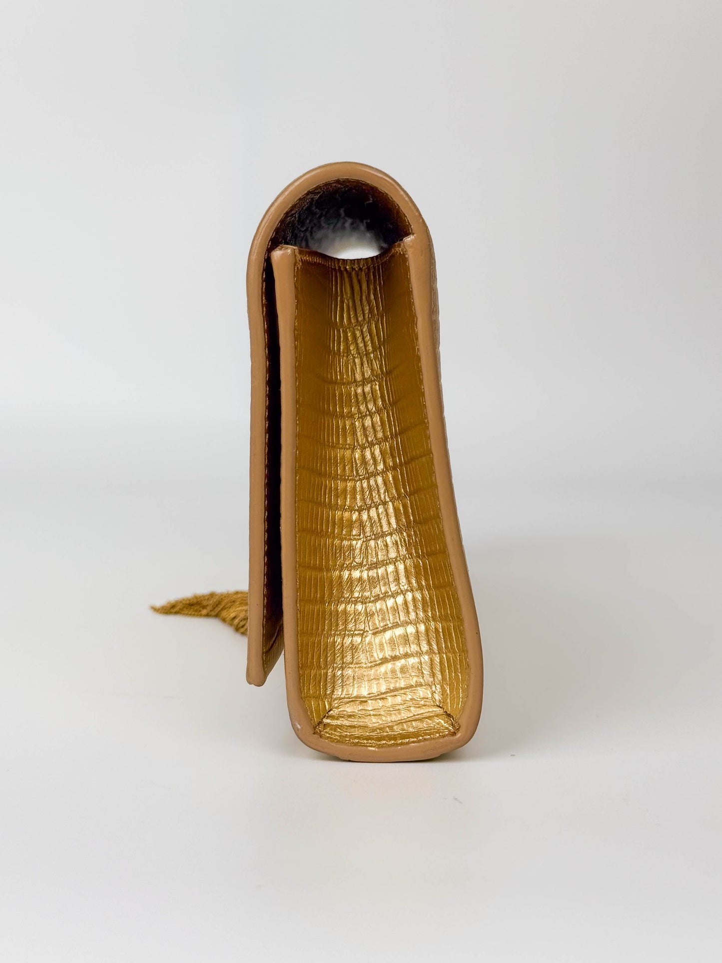(A119) YSL Gold Embossed Leather Kate Tassel Clutch, Gold Hardware
