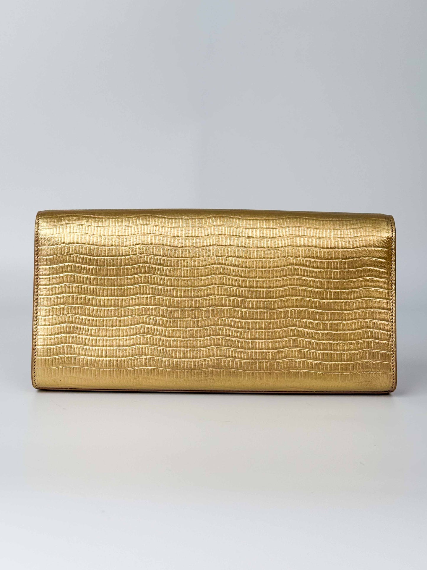(A119) YSL Gold Embossed Leather Kate Tassel Clutch, Gold Hardware