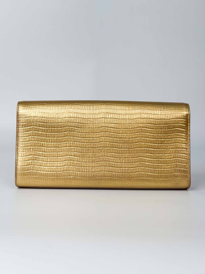 (A119) YSL Gold Embossed Leather Kate Tassel Clutch, Gold Hardware
