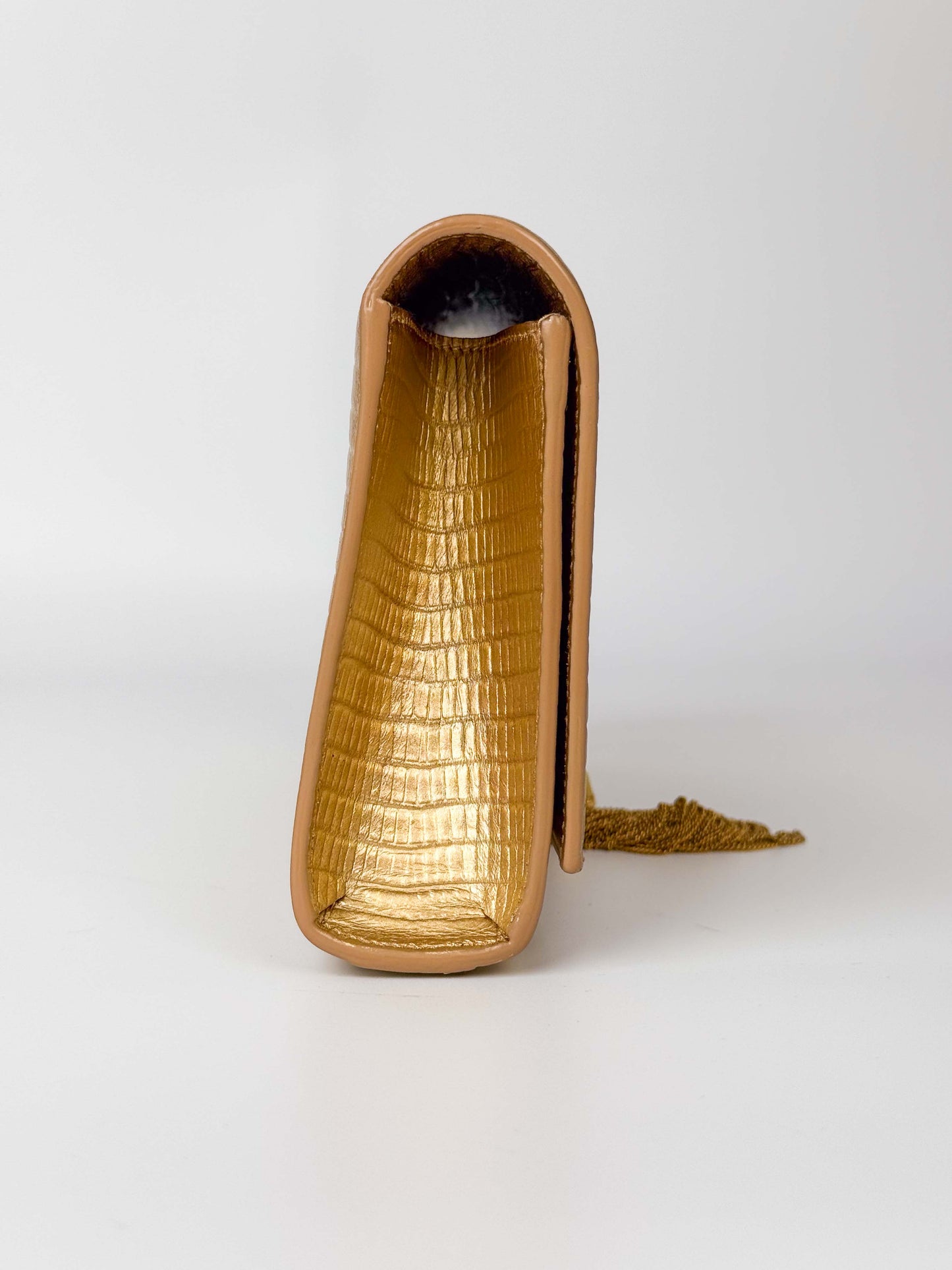 (A119) YSL Gold Embossed Leather Kate Tassel Clutch, Gold Hardware