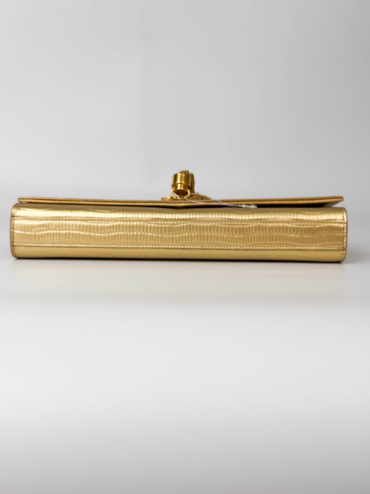 (A119) YSL Gold Embossed Leather Kate Tassel Clutch, Gold Hardware