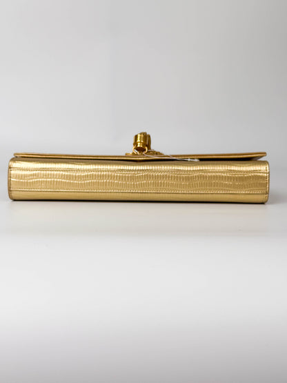 (A119) YSL Gold Embossed Leather Kate Tassel Clutch, Gold Hardware