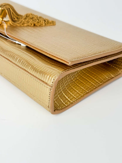 (A119) YSL Gold Embossed Leather Kate Tassel Clutch, Gold Hardware
