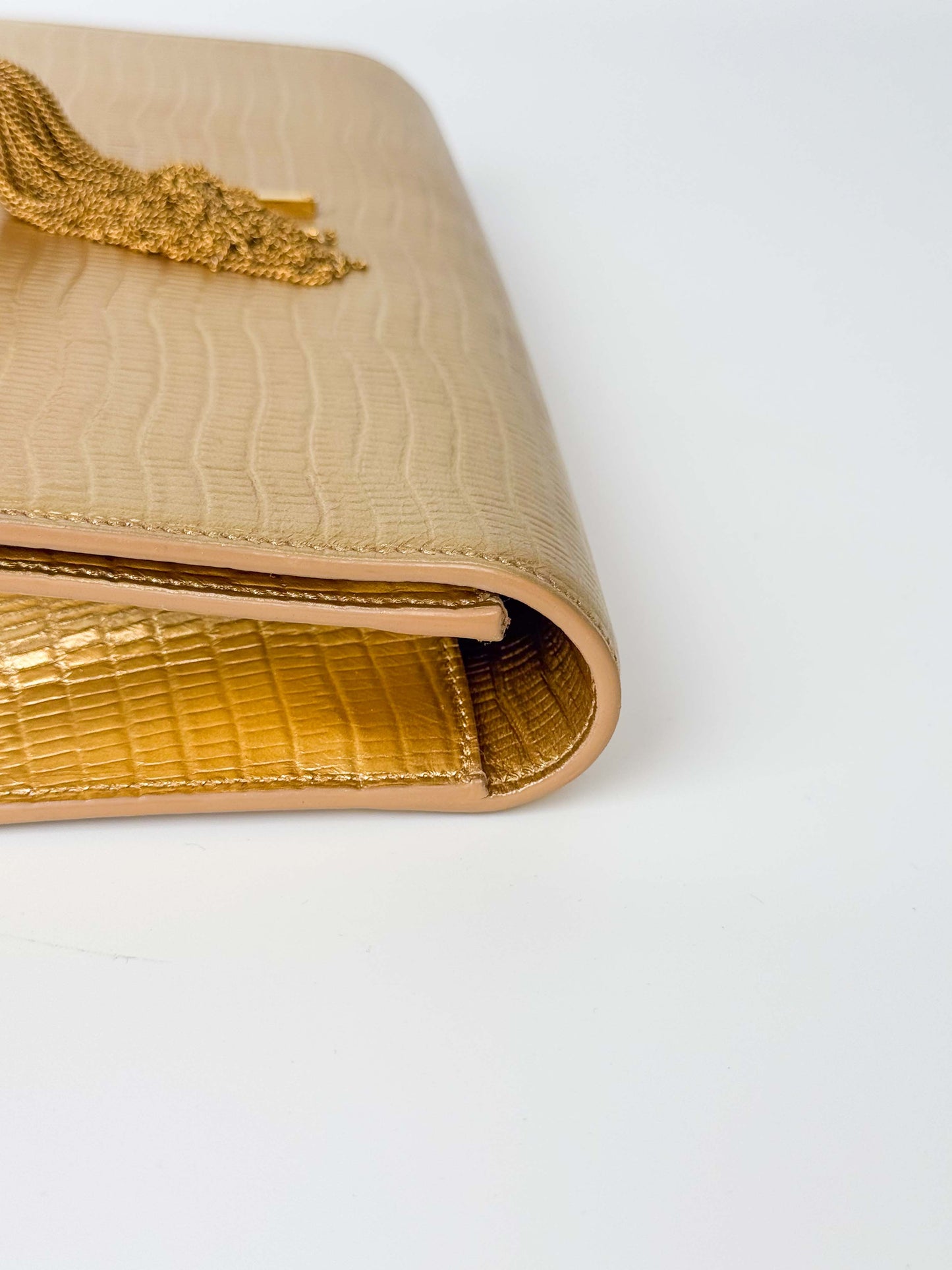 (A119) YSL Gold Embossed Leather Kate Tassel Clutch, Gold Hardware