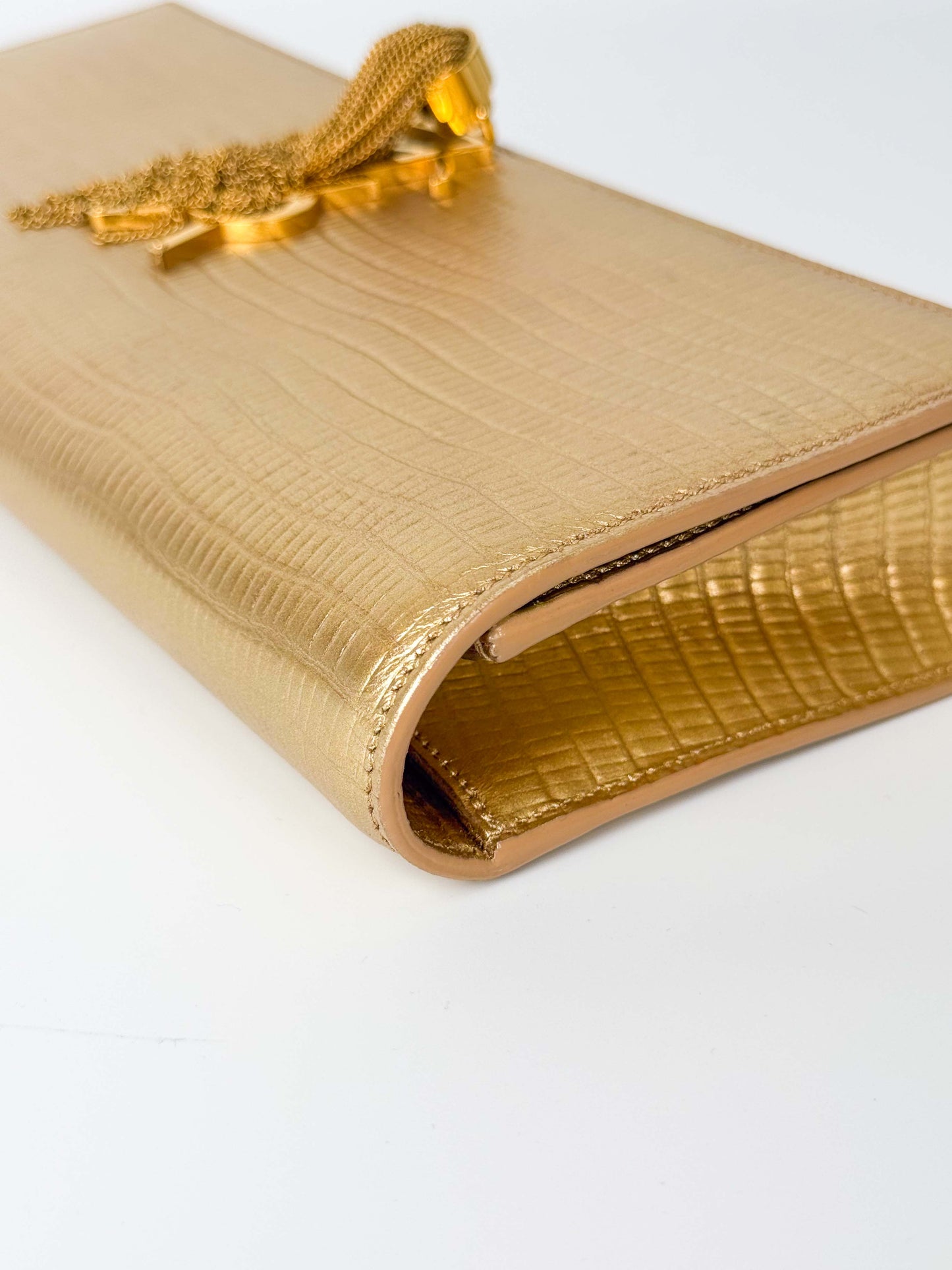 (A119) YSL Gold Embossed Leather Kate Tassel Clutch, Gold Hardware
